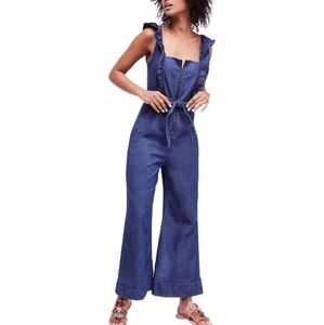 Free People Denim Blue Ruffle Strap Jumpsuit